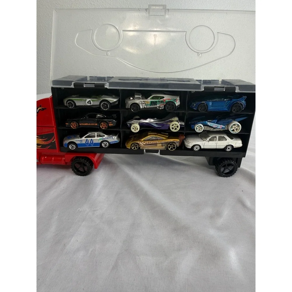 Toy Car Carrier Truck with 18 Diecast Cars Red Transport Semi Storage Case